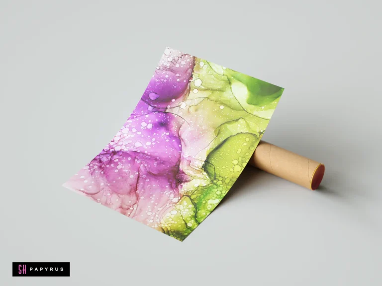 Purple and green alcohol ink abstract print with vibrant cellular textures and organic bubble patterns.