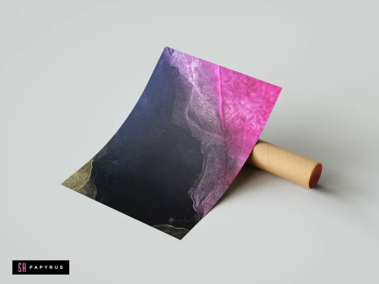 Dark navy, magenta, and gold abstract fluid art print with shimmering metallic veins.