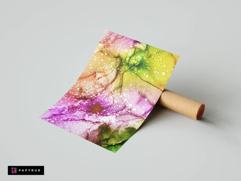 Abstract alcohol ink art print featuring vibrant yellow, pink, and green fluid marbled patterns.