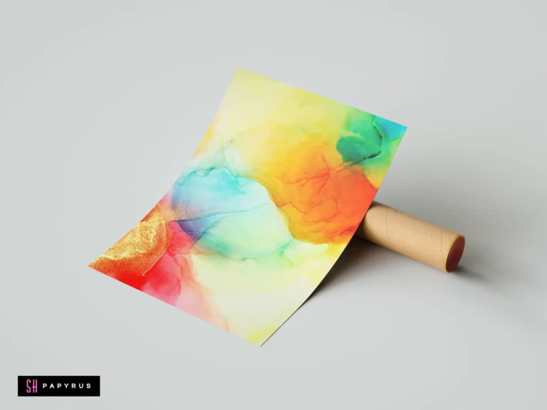 Abstract alcohol ink print with vibrant rainbow gradients, fluid shapes, and metallic gold accents.
