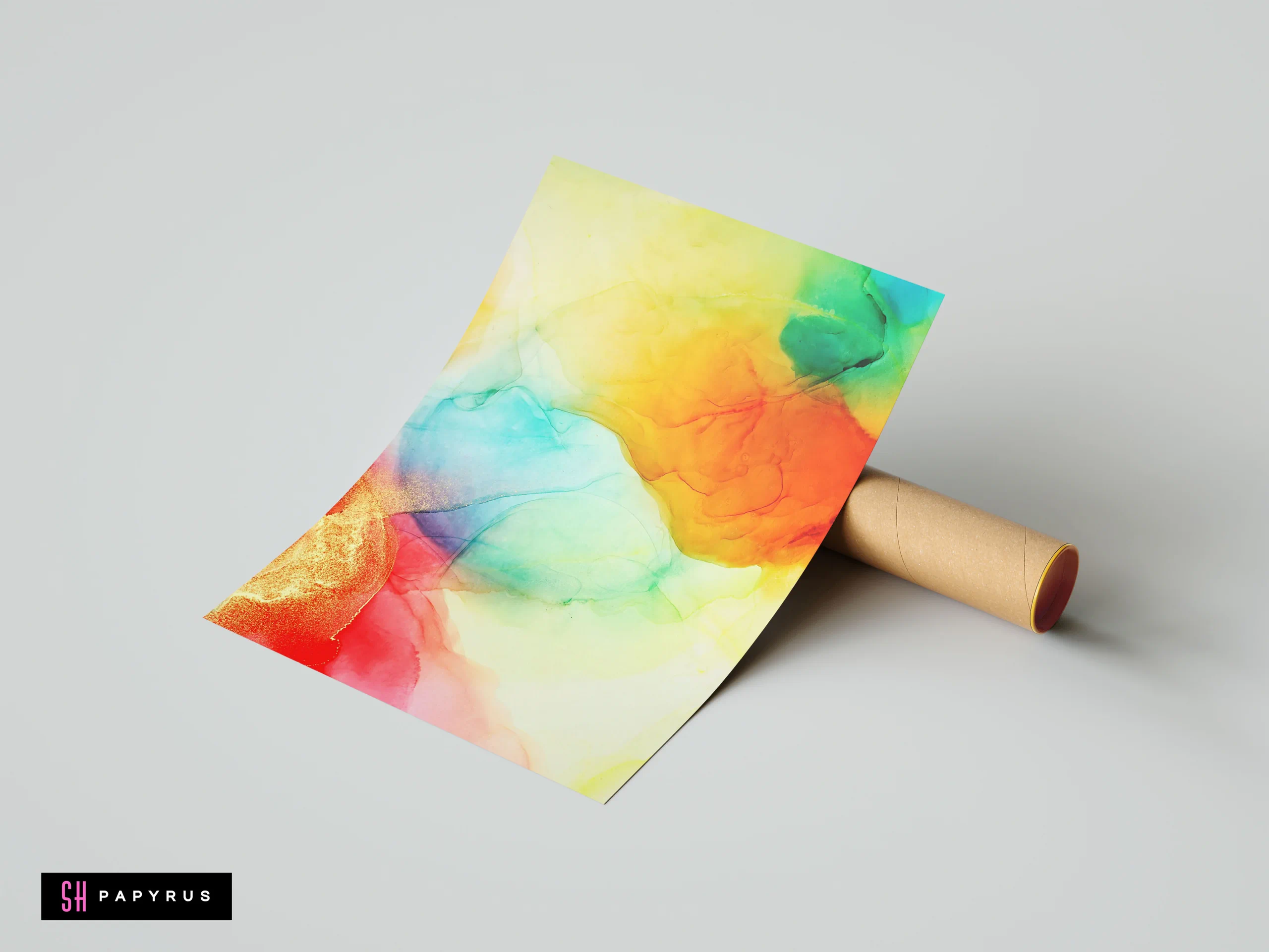Abstract alcohol ink print with vibrant rainbow gradients, fluid shapes, and metallic gold accents.