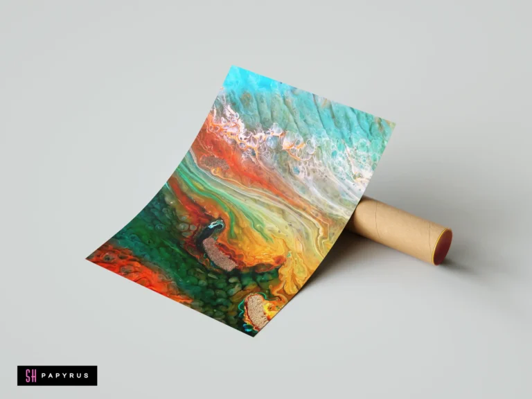 Abstract psychedelic art print featuring vibrant green, orange, and blue marbled fluid swirls.