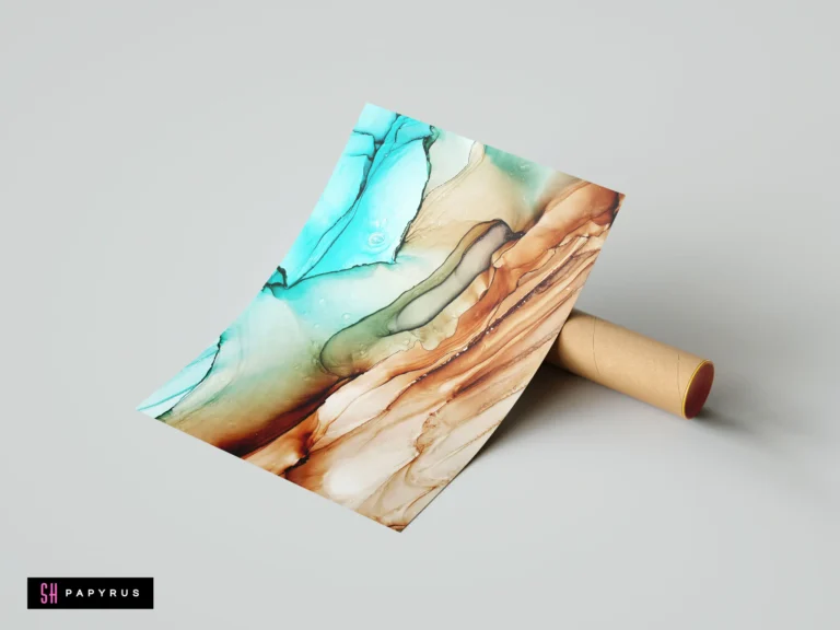 Teal and brown abstract river wall art with fluid, organic ink wash patterns.