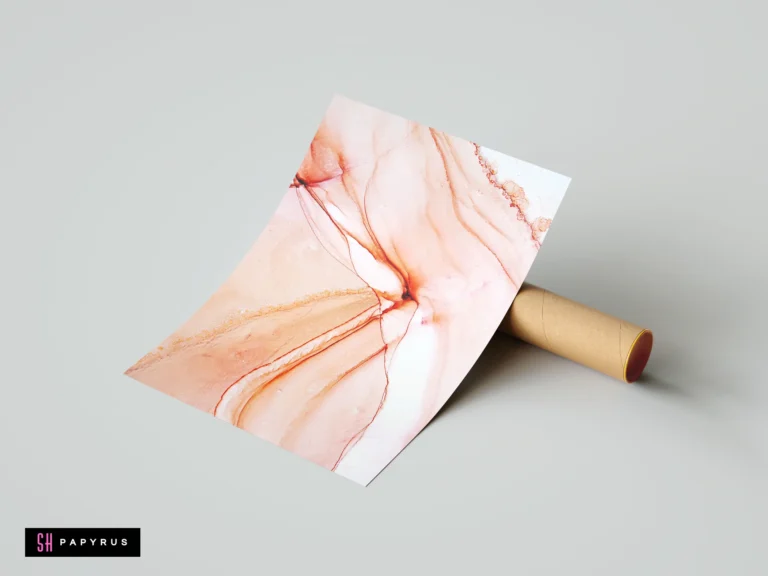 Soft peach and white abstract fluid ink art poster with marbled, flowing organic patterns.
