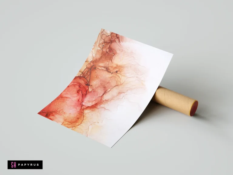 Terracotta and rust orange abstract alcohol ink painting with ethereal flowing organic shapes.