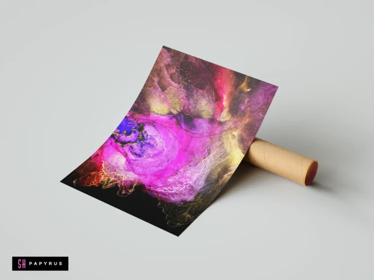 Swirling dark purple and gold abstract galaxy print featuring fluid alcohol ink textures.