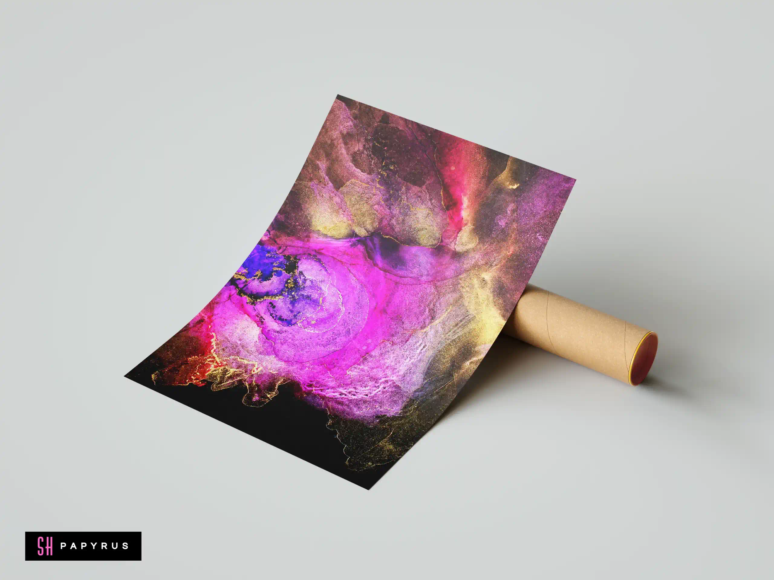Swirling dark purple and gold abstract galaxy print featuring fluid alcohol ink textures.