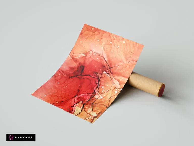 Abstract fluid ink print in fiery red and coral with organic marble-like patterns.