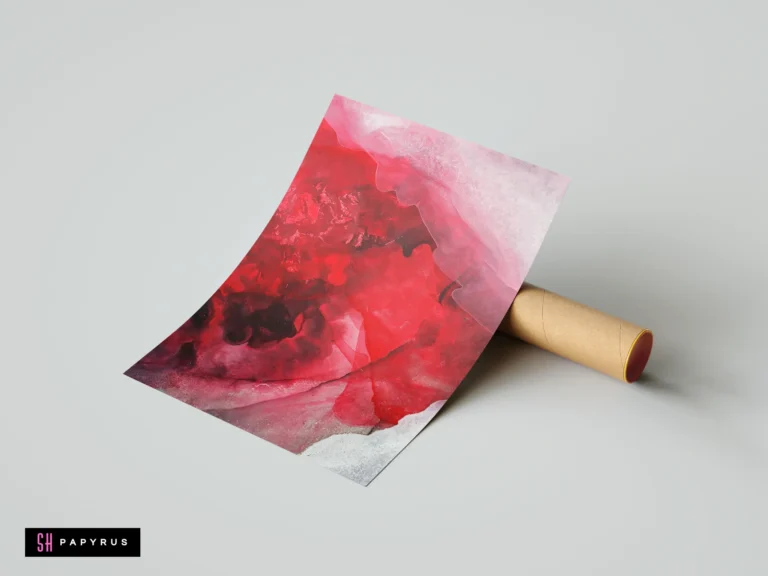 Modern abstract art print featuring vibrant red and grey industrial fluid ink textures.