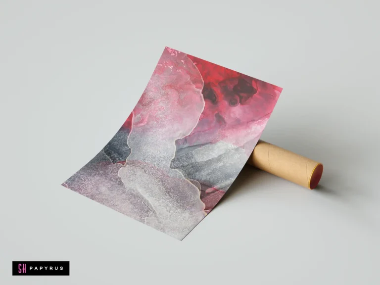 Abstract grey and red fluid art print with shimmering silver foil details and flowing textures.