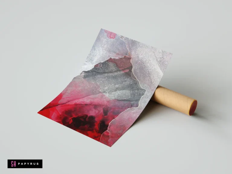 Abstract fluid ink poster with dark charcoal, red, and silver shimmering marble textures.