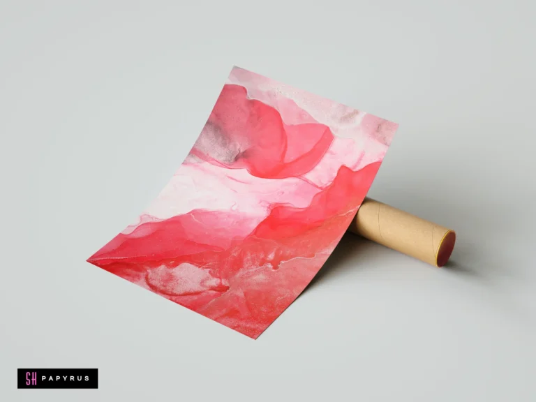 Fluid abstract art print featuring vibrant red and pink flowing ink textures.