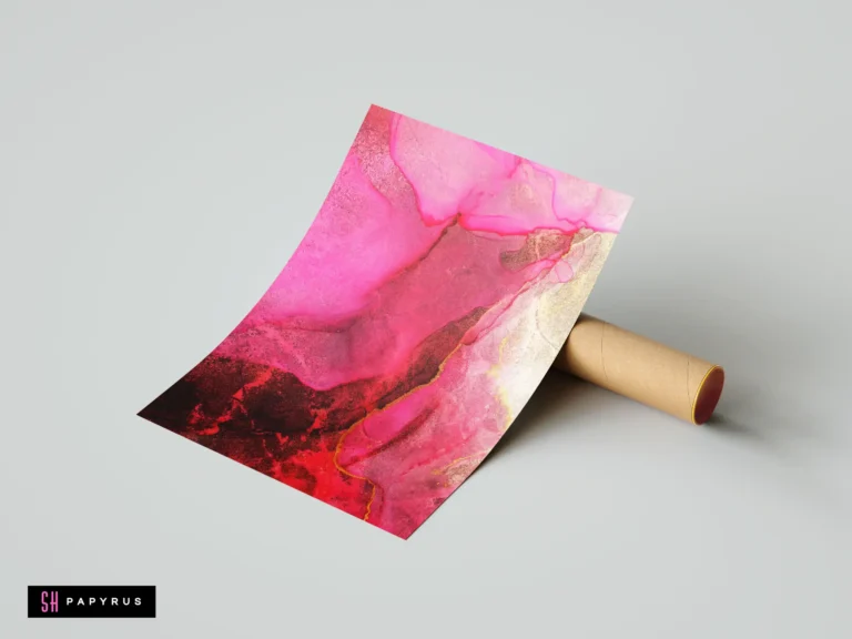 Bold hot pink and metallic gold fluid abstract wall art with marble ink textures.