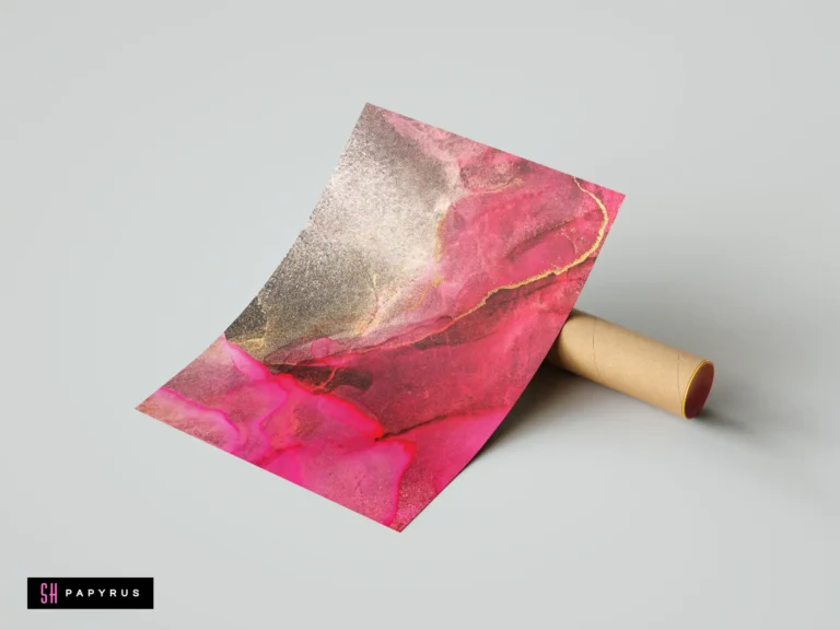 Abstract pink and grey fluid art print with metallic gold marble textures.