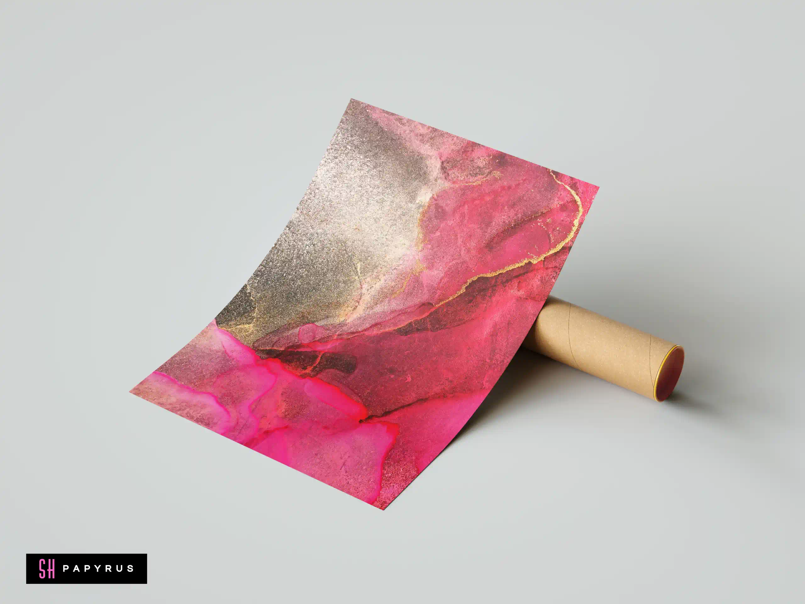 Abstract pink and grey fluid art print with metallic gold marble textures.