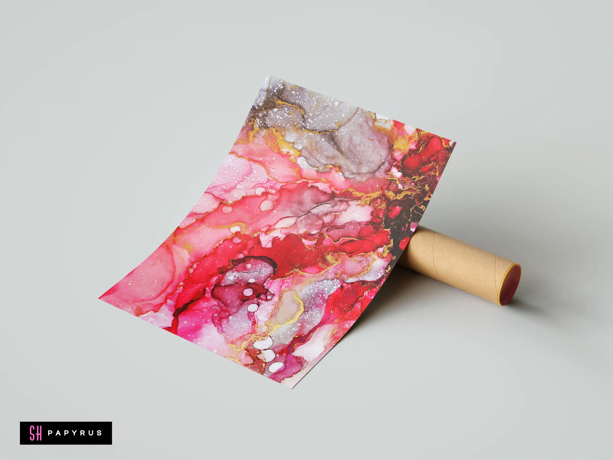 Abstract red and pink alcohol ink marble print with shimmering gold veins.