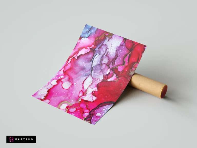Abstract fluid ink poster featuring berry pink and purple swirls with shimmering gold accents.