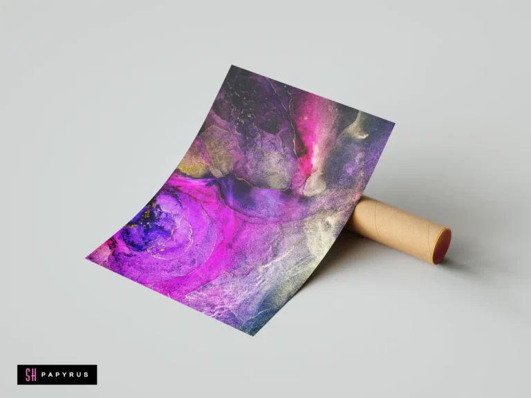 Royal purple and gold abstract wall art print with fluid magenta alcohol ink textures.