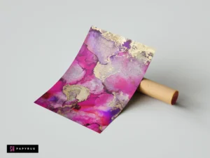 Luxury abstract print featuring vibrant magenta and purple alcohol ink with shimmering metallic silver accents.