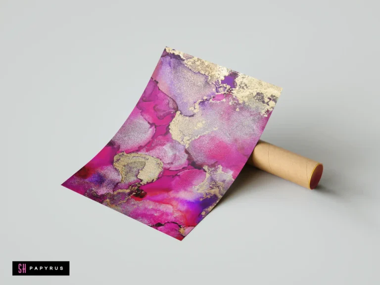 Luxury abstract print featuring vibrant magenta and purple alcohol ink with shimmering metallic silver accents.