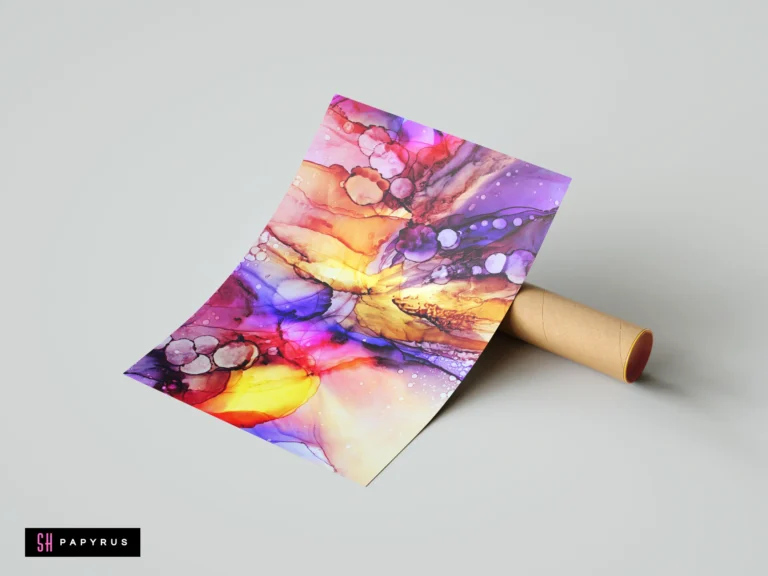 Abstract alcohol ink art featuring vibrant orange, purple, and yellow swirling sunset hues.