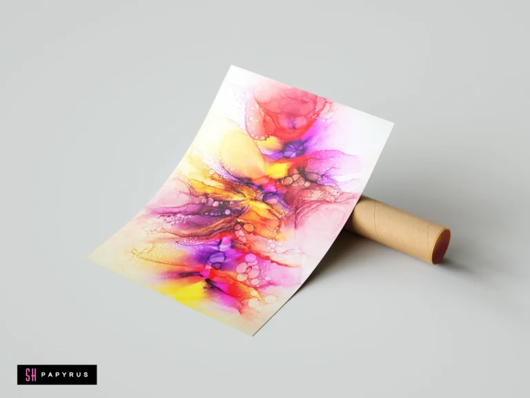 Abstract floral art print with fluid ink washes in vibrant pink, yellow, and purple.