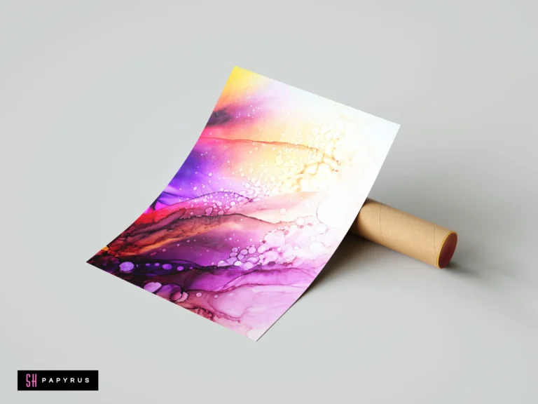 Vibrant purple and orange sunset gradient abstract art print with flowing ink and bubble effects.
