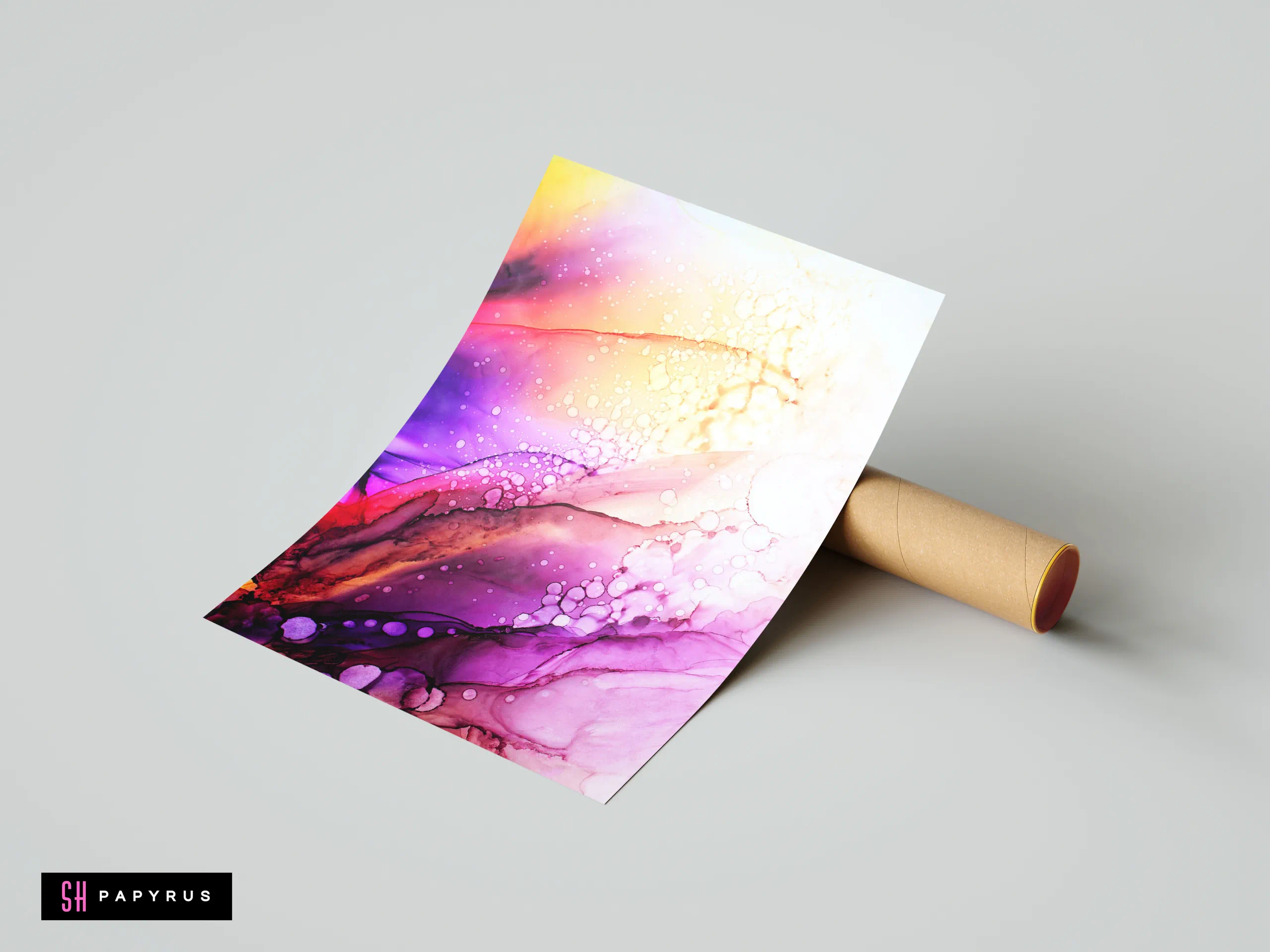 Vibrant purple and orange sunset gradient abstract art print with flowing ink and bubble effects.