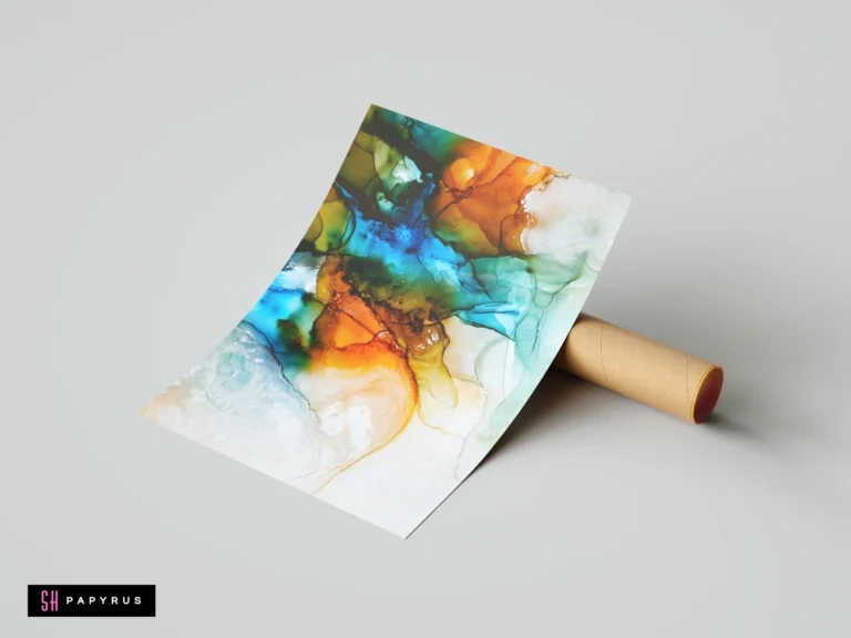 Vibrant blue, orange, and green abstract map art in a fluid alcohol ink style.