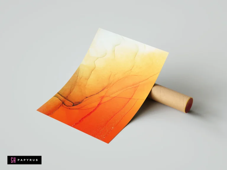 Layered abstract fluid art print with flowing orange, amber, and gold textures.