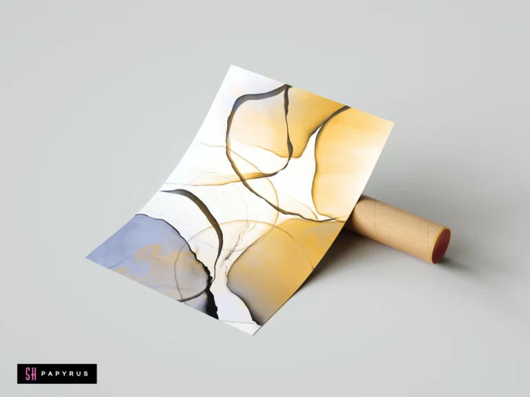 Minimalist gold and grey wispy ink poster with abstract fluid shapes and delicate black lines.