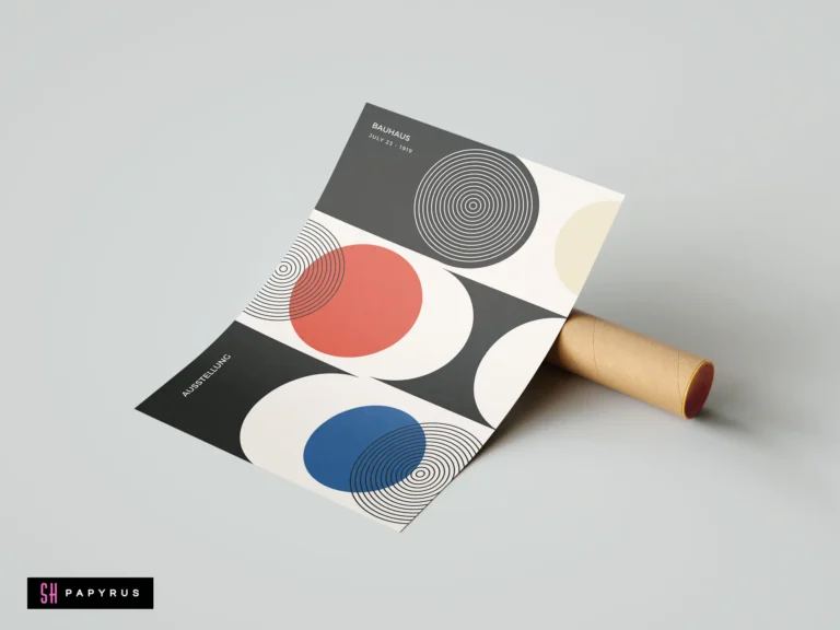 Bauhaus geometric abstract wall art print featuring red, blue, and black circles on white paper.