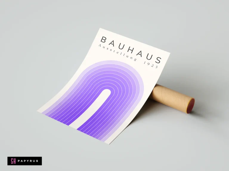 Bauhaus Exhibition 1923 wall art print featuring a minimalist purple gradient arch abstract design.
