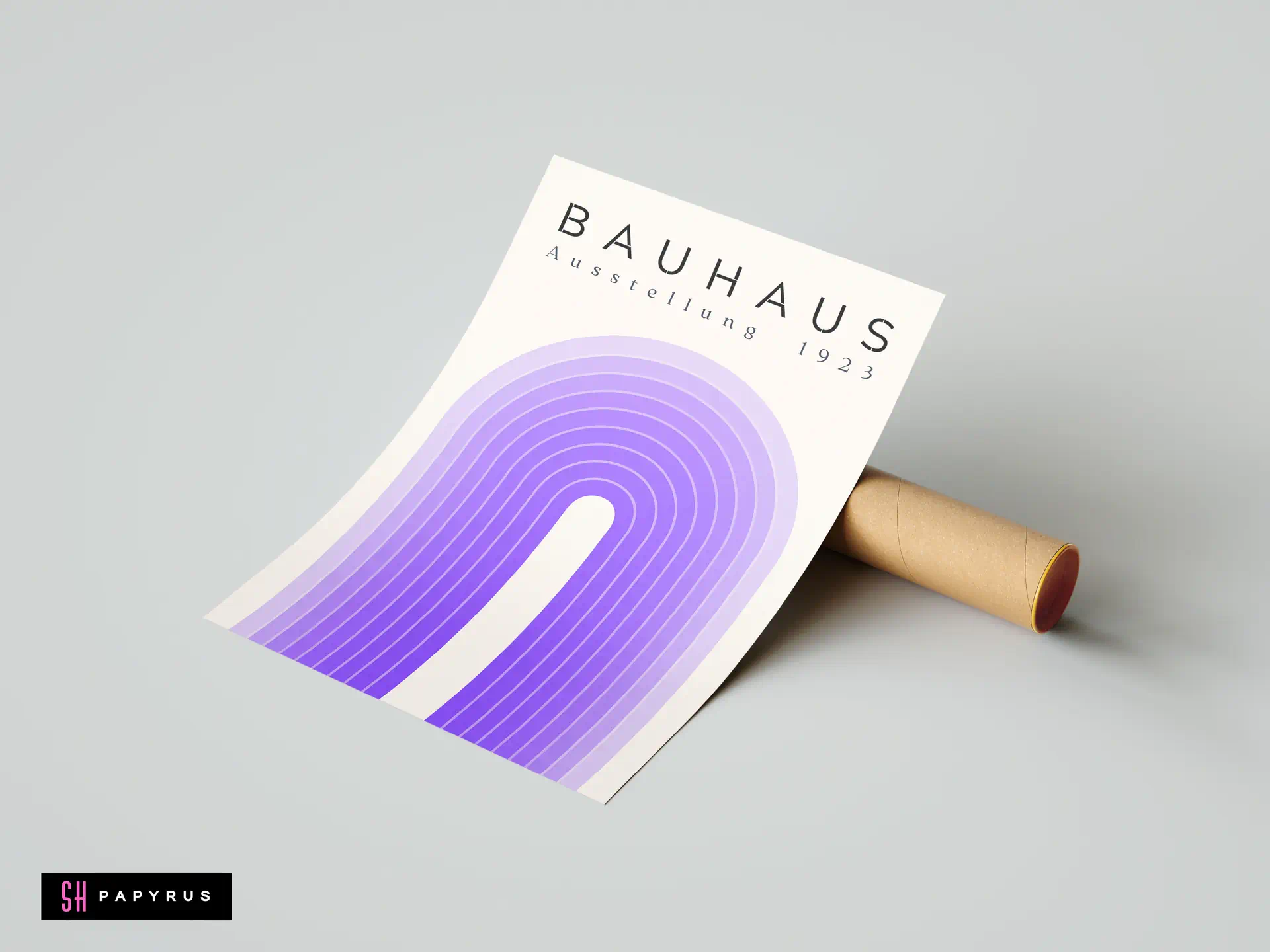 Bauhaus Exhibition 1923 wall art print featuring a minimalist purple gradient arch abstract design.
