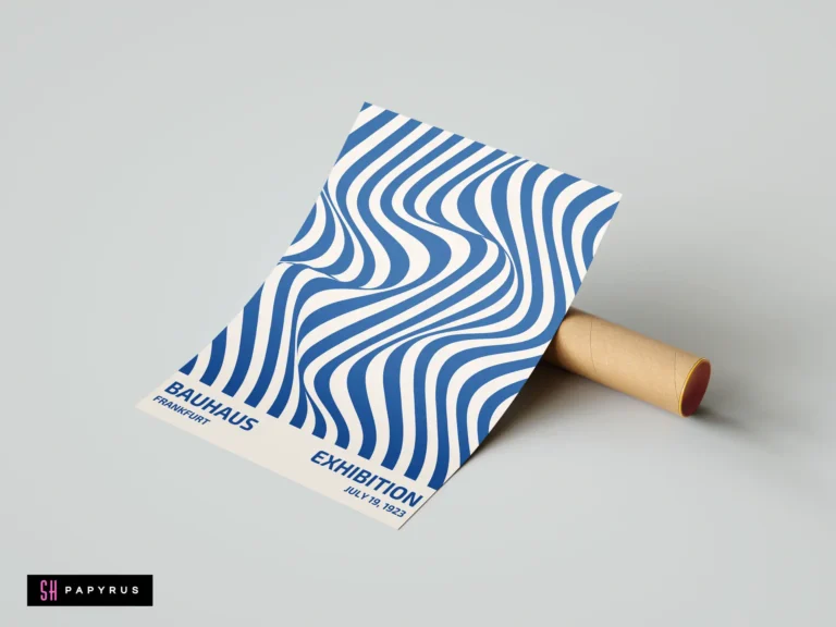 Blue and white Bauhaus Frankfurt exhibition wall art featuring wavy optical patterns and minimalist typography.