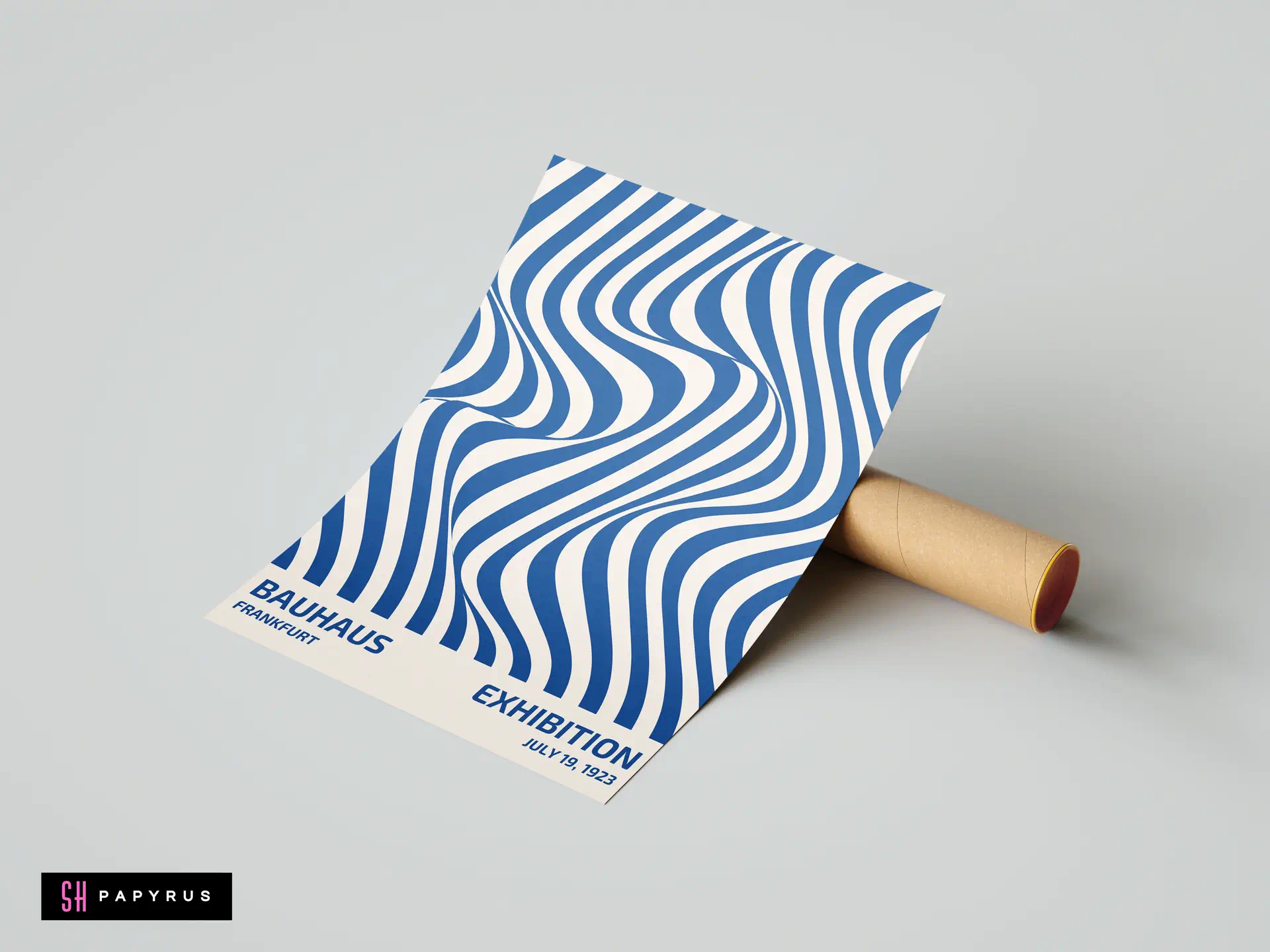 Blue and white Bauhaus Frankfurt exhibition wall art featuring wavy optical patterns and minimalist typography.