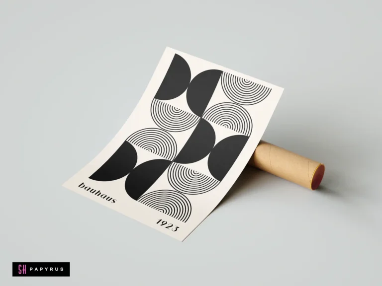 Minimalist black and cream Bauhaus 1923 exhibition poster featuring geometric abstract semi-circle patterns.