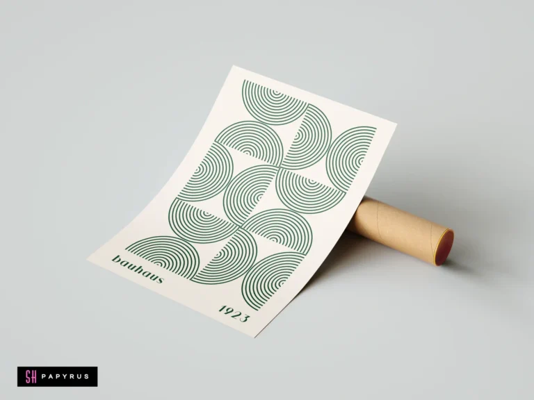 Minimalist Bauhaus 1923 wall art poster featuring green geometric concentric circles on a cream background.