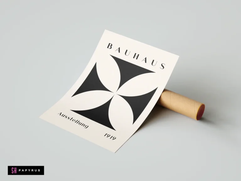 Vintage black and cream Bauhaus 1919 exhibition poster featuring minimalist geometric floral art print.