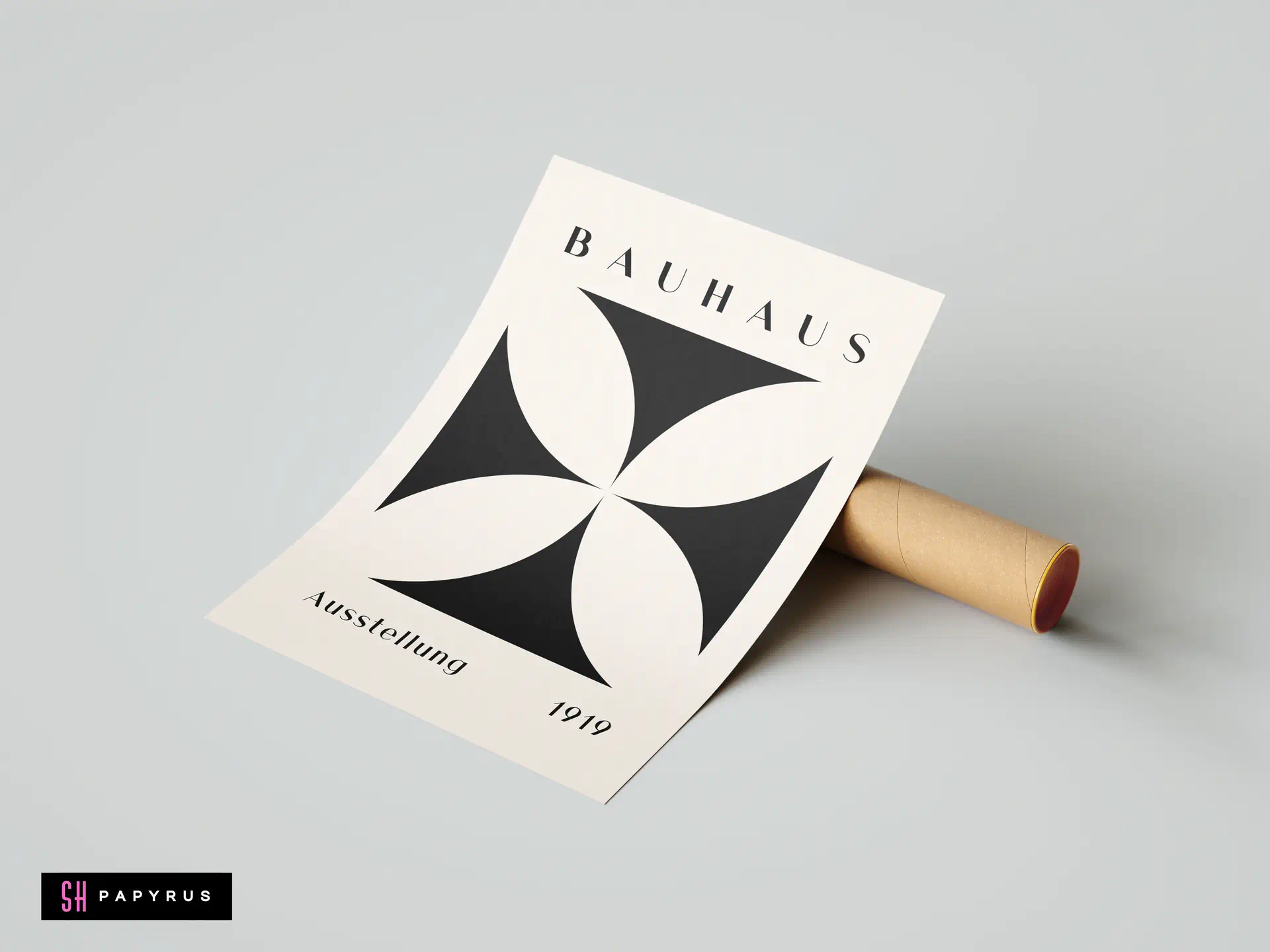 Vintage black and cream Bauhaus 1919 exhibition poster featuring minimalist geometric floral art print.