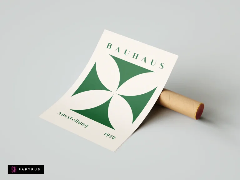Minimalist green Bauhaus 1919 exhibition poster with geometric petal designs on a cream paper background.