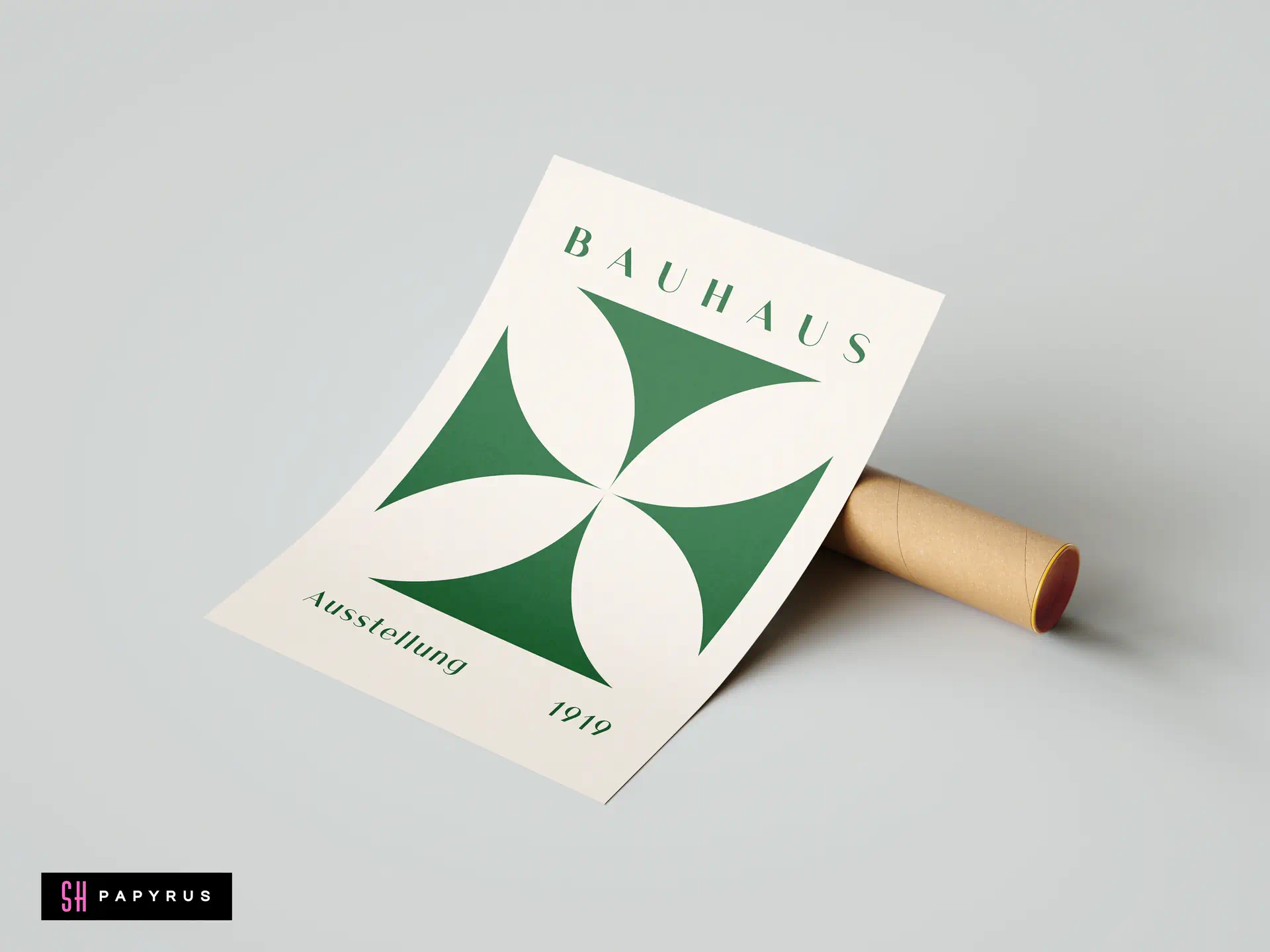 Minimalist green Bauhaus 1919 exhibition poster with geometric petal designs on a cream paper background.