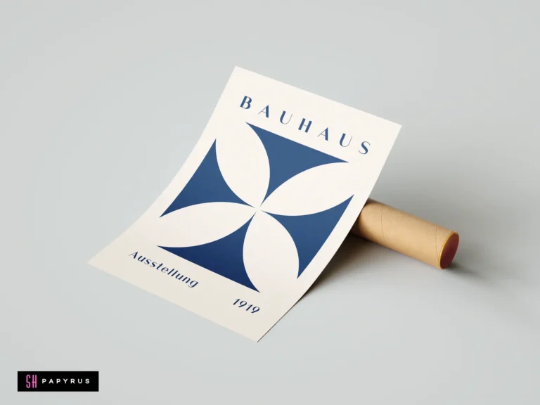 Blue Bauhaus Ausstellung 1919 geometric wall art poster featuring minimalist floral design on cream.