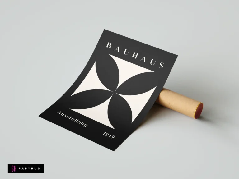 Minimalist monochrome Bauhaus 1919 wall art print featuring a bold geometric petal design.