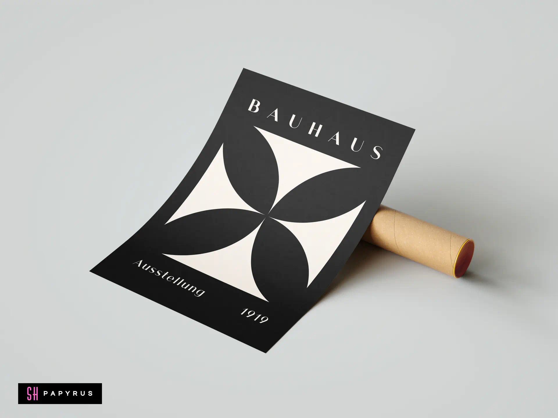Minimalist monochrome Bauhaus 1919 wall art print featuring a bold geometric petal design.