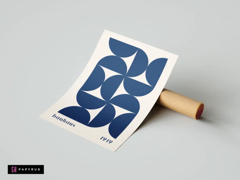 Modern Bauhaus wall art with navy blue geometric semicircles on minimalist cream paper print.