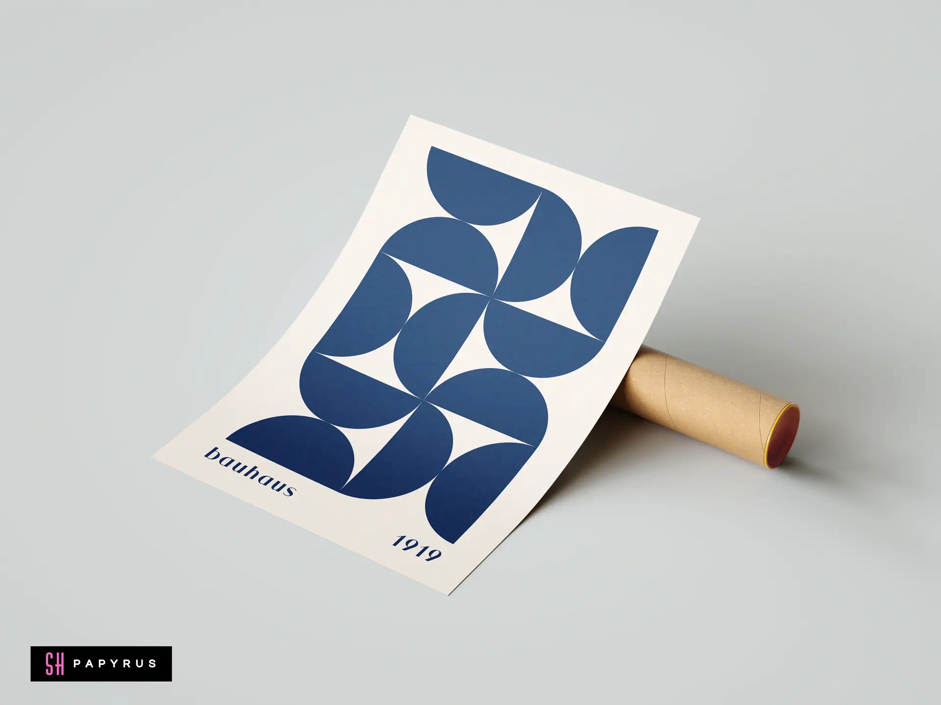 Modern Bauhaus wall art with navy blue geometric semicircles on minimalist cream paper print.