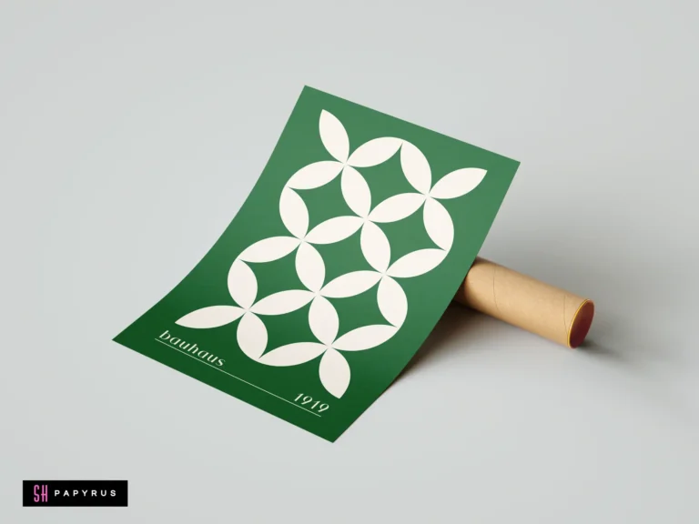 Green and white Bauhaus geometric wall art print featuring circular patterns in vintage minimalist style.