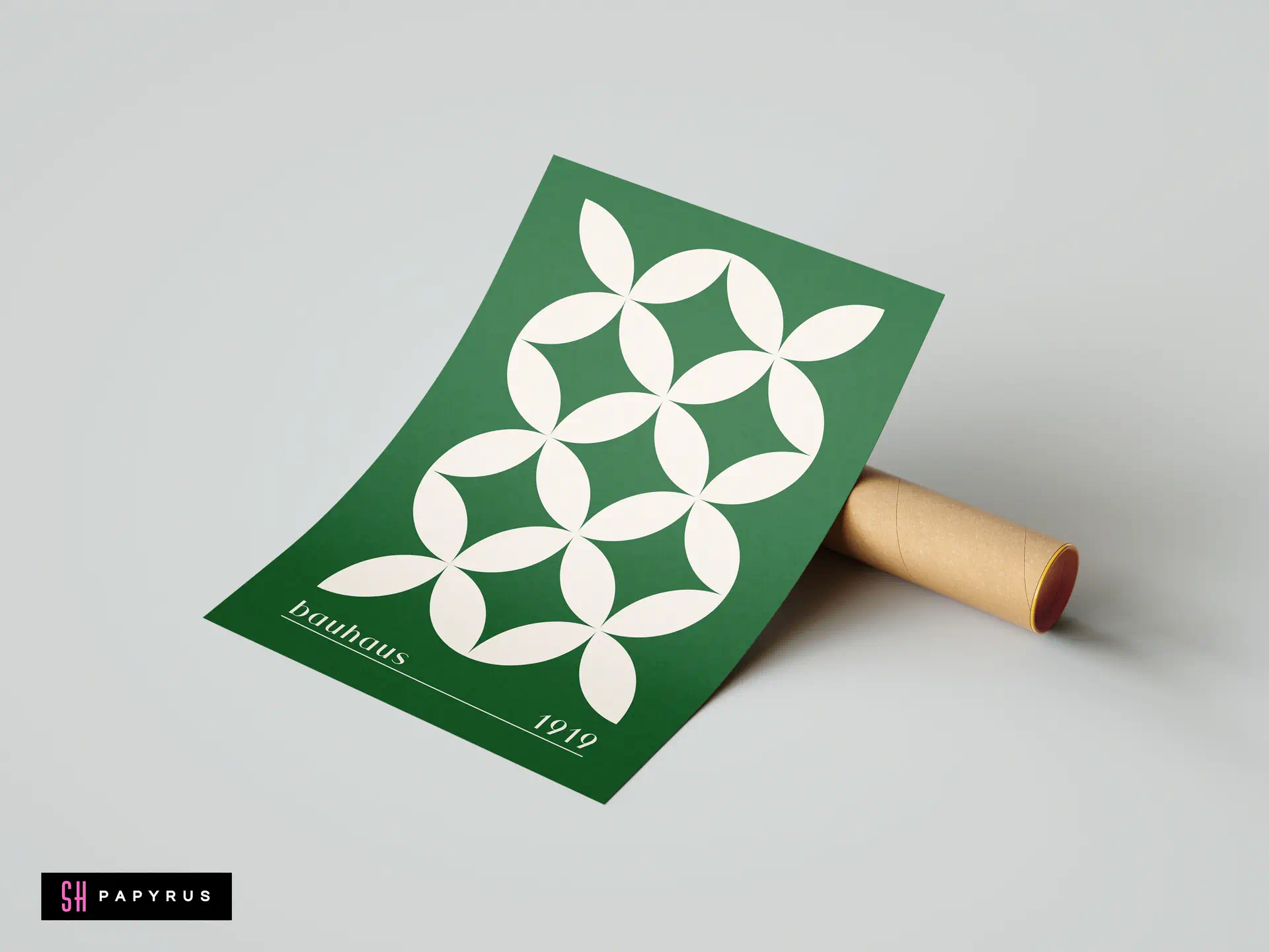 Green and white Bauhaus geometric wall art print featuring circular patterns in vintage minimalist style.