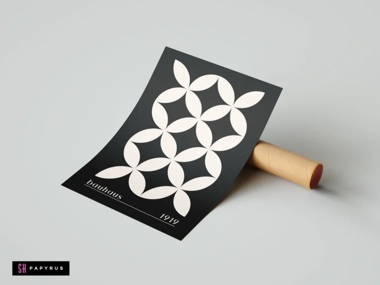 Minimalist black and white Bauhaus 1919 geometric wall art poster featuring interlocking circle petal patterns.